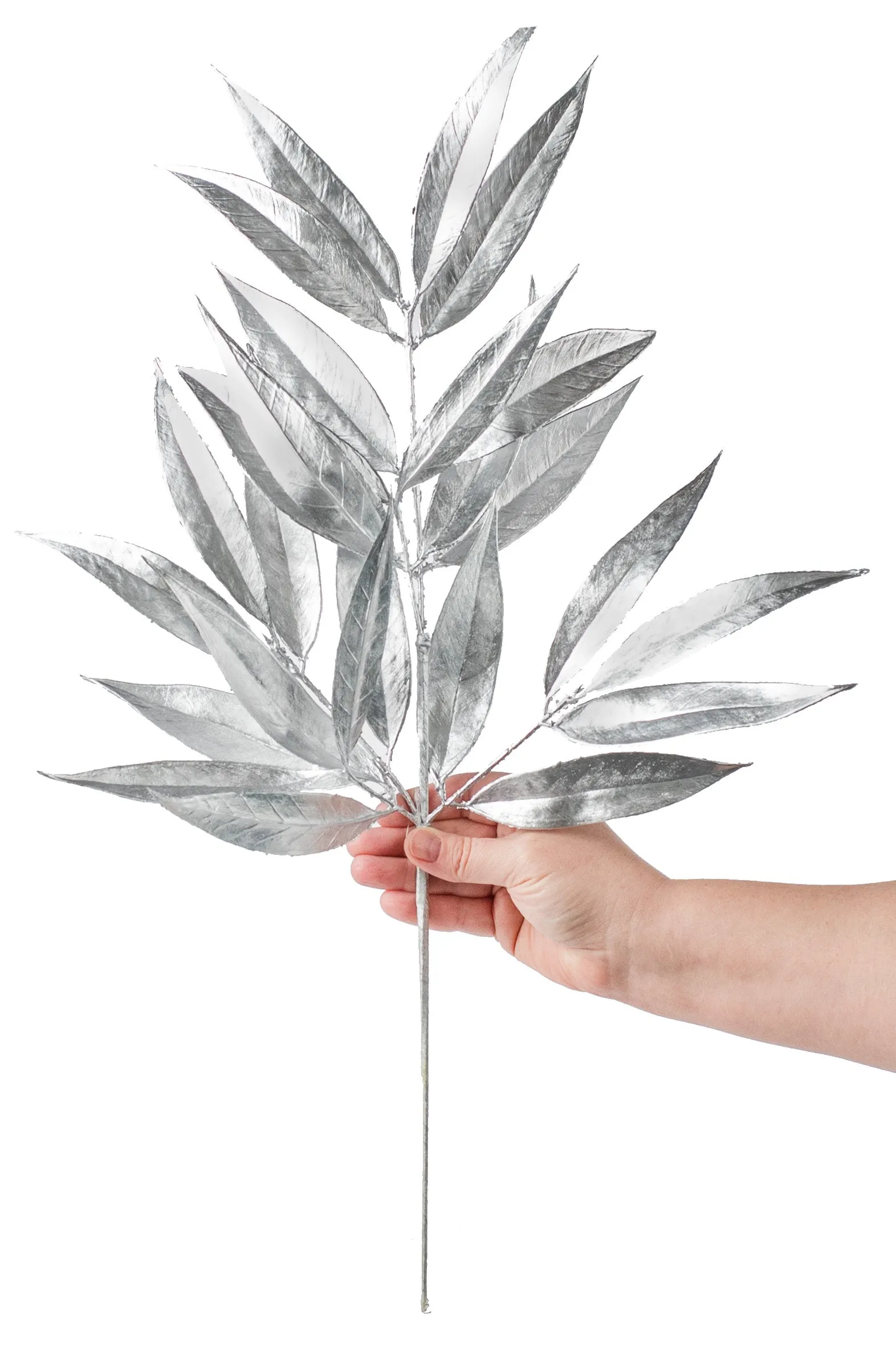 23" Metallic White Willow Leaf Spray: Silver