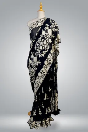 Black Kashmiri Pure Crepe Saree with All Over Aari Embroidery