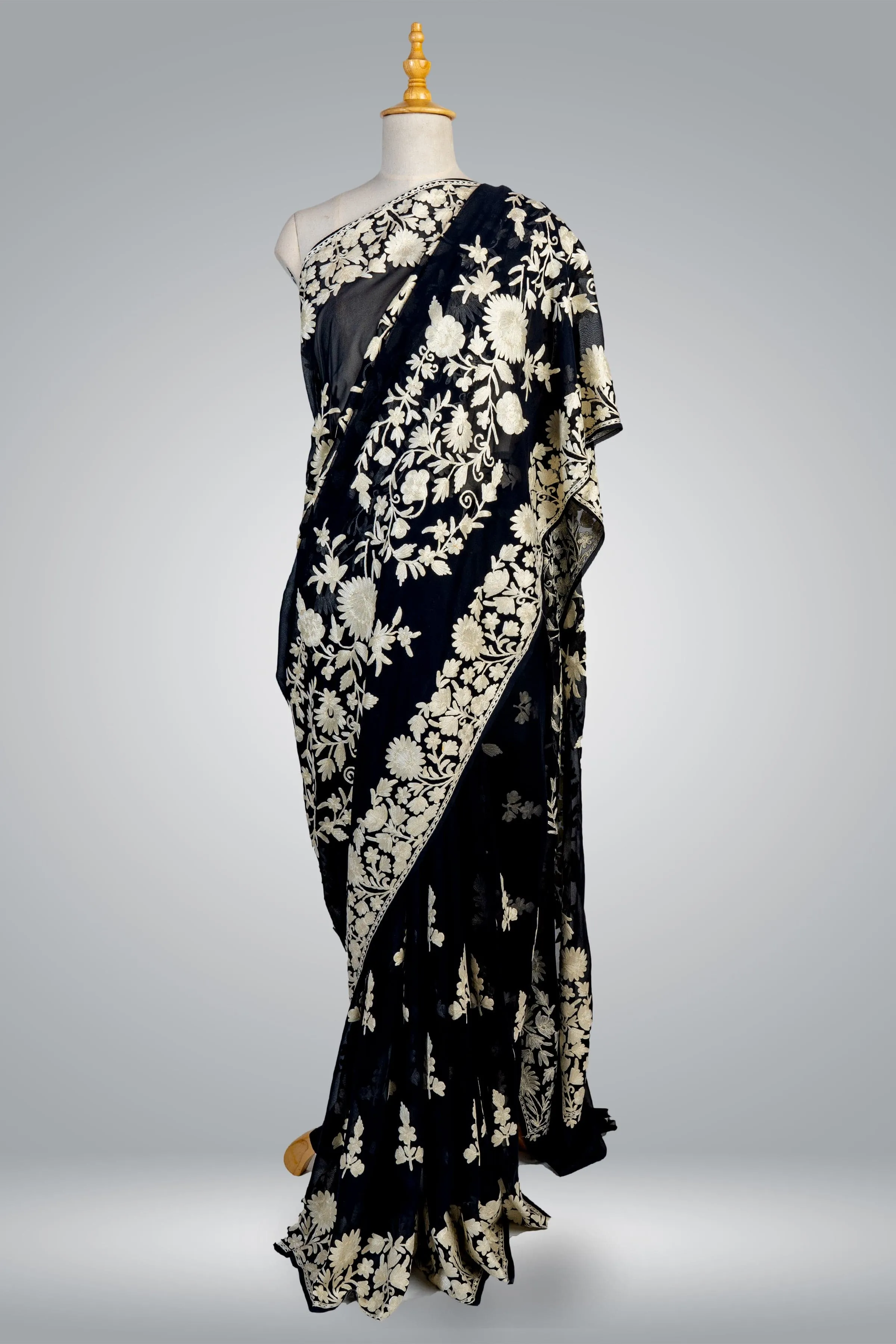 Black Kashmiri Pure Crepe Saree with All Over Aari Embroidery