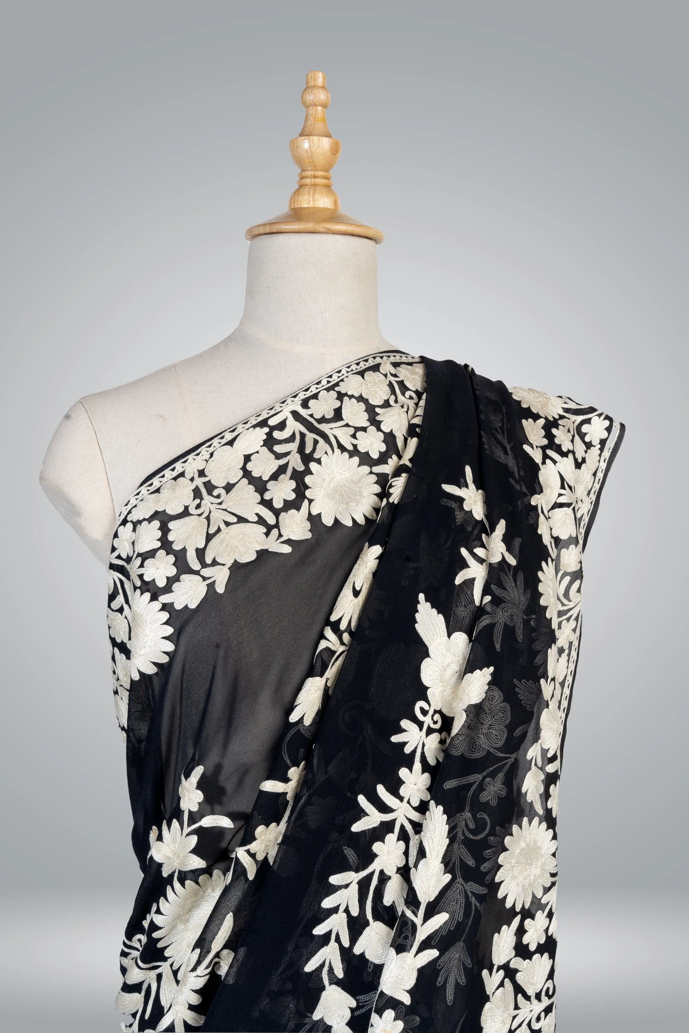 Black Kashmiri Pure Crepe Saree with All Over Aari Embroidery