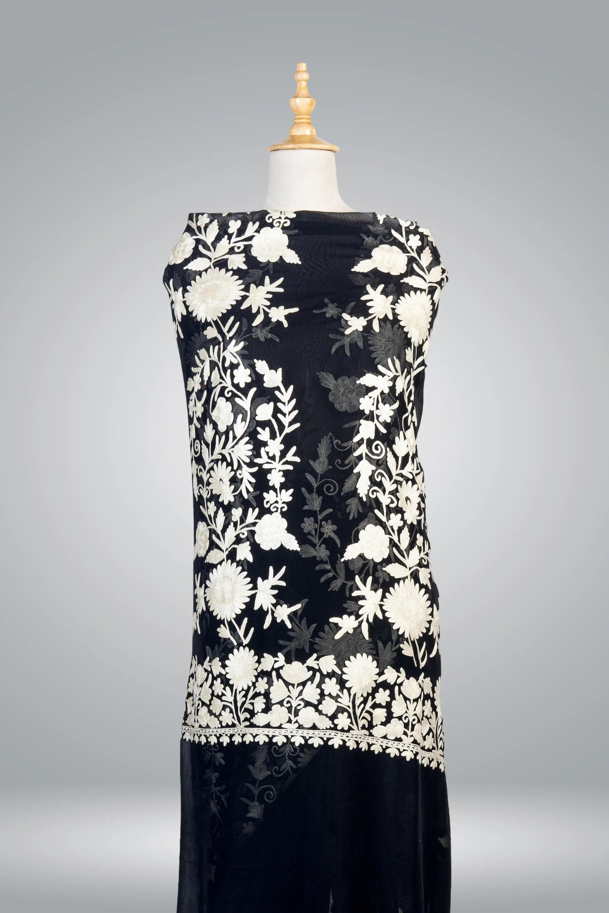 Black Kashmiri Pure Crepe Saree with All Over Aari Embroidery