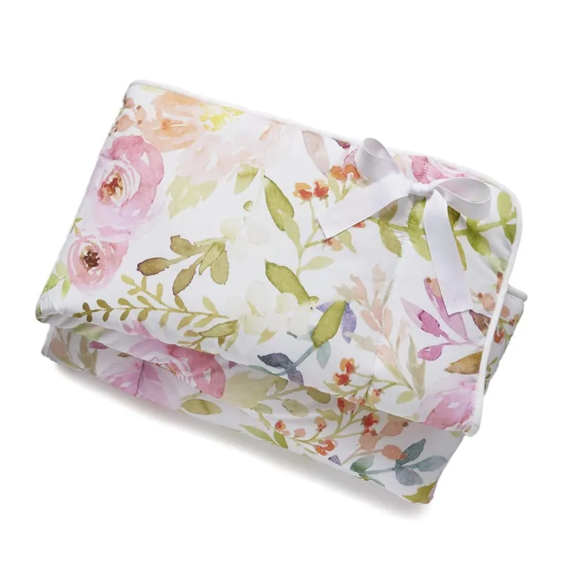 Blush Watercolor Floral Baby Blanket with Petal Pink Ruffle